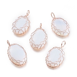 Opalite Opalite Pendants, Wire Wrapped Pendants, with Rose Gold Plated Brass Wire, Oval, 42.5x23x10mm, Hole: 5x7mm