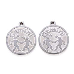 Gemini Non-Tarnish 201 Stainless Steel Pendants, Flat Round with Twelve Constellation, Laser Cut, Stainless Steel Color, Gemini, 25x22x1.5mm, Hole: 2mm