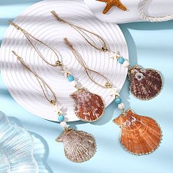 (52) Непрозрачная лаванда Подвесные украшения из ракушек с гальваническим покрытием, с синтетическими бирюзовыми бусинами и джутовым шнуром, формы раковины, разноцветные, 175~191 мм