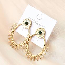 Золотой Овальные 304 из нержавеющей стали серьги стержня, с синтетическим малахита, ионное покрытие (ip), золотые, 43.5x36.5 мм