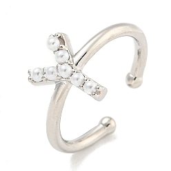 Letter Y Латунные открытые манжеты для женщин, с ABS имитации жемчуга, без кадмия и без свинца, долговечный, буквы, Письмо Y, внутренний диаметр: 17 мм, буква y: 11.3x8.5 мм