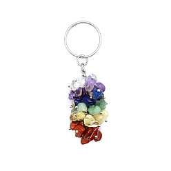 Mixed Stone 7 Chakras Theme Natural Amethyst & Green Aventurine & Carnelian & Citrine & Lapis Lazuli & Red Jasper & Quartz Crystal Chip Cluster Beads Keychains, 8.4x2.4cm
