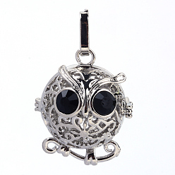 Antique Silver Rack Plating Brass Cage Pendants, For Chime Ball Pendant Necklaces Making, with Rhinestone, Owl, Antique Silver, 32x27x23mm, Hole: 3mm, inner measure: 18mm