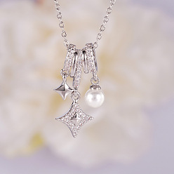 Серебро Ожерелья с подвесками из латунных прозрачных кубических цирконий с микропаве и искусственным жемчугом для женщин, белые, серебряные, 17.72 дюйм (45 см)