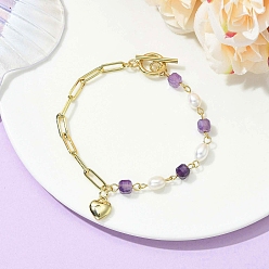 Аметист Браслеты с подвесками в виде сердечек из латуни, Браслеты из натуральных аметистов и культивированного пресноводного жемчуга для женщин., 7.68~7.76 дюйм (19.5~19.7 см)