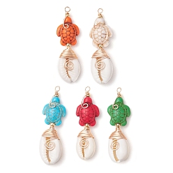 (52) Непрозрачная лаванда Синтетическая бирюзовая бусина с натуральными смешанными бусинами из ракушек каури и подвесками из экологически чистой медной проволоки и латунных бусин, черепаха, черепаха, 44~48x14x8.5~9 мм, отверстие : 2 мм