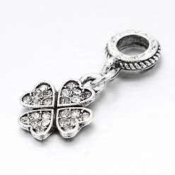 Crystal Large Hole Clover Alloy Enamel European Dangle Charms, Antique Silver, Crystal, 24mm, Hole: 5mm