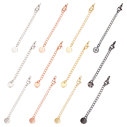 Mixed Color 24Pcs 3 Style Eco-Friendly Brass Chain Extender, with Lobster Claw Clasps, Cadmium Free & Nickel Free & Lead Free, Long-Lasting Plated, Flat Round, Mixed Color, 77x3mm, 2pcs/color, 4 colors/style