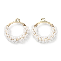 Белый Латунное кольцо с подвесками из бисера, пончики, белые, 25x24x5.5 мм, отверстие : 1.6 мм