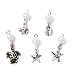 Античное Серебро Подвески из сплава и пластика ABS с имитацией жемчуга на тему океана, античное серебро, 27~37x8.5~16x8 мм, отверстие : 3 мм