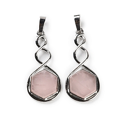 Розовый Кварц Природного розового кварца подвески, покрытие стойки латунные шестигранные подвески, без свинца и без кадмия, платина, 37.5x17x4.5~5 мм, отверстие : 6.5x5 мм