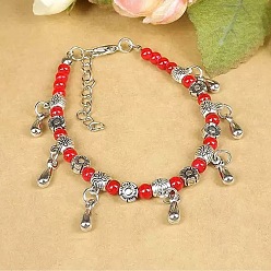 Rouge Bracelets à breloques bohèmes en alliage en forme de larme, Bracelets pour femmes en alliage de perles de turquoise tibétaine et synthétique, ornés de fleurs et d'abeilles., rouge, 6.89 pouce (17.5 cm)