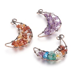 Смешанные камни Большие подвески из натуральных и синтетических драгоценных камней, С латунными красными медными тонами, луна, 61~64x40~46x7 мм, отверстие : 2.5~3.5 мм