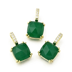 Зеленый Нефрит Граненые подвески из натурального окрашенного зеленого нефрита, квадратные подвески из латуни с микропаве из кубического циркония, стойки покрытие, прочное покрытие, без кадмия и без свинца, граненые, 17x10x6 мм, отверстие : 5.5x2.5 мм