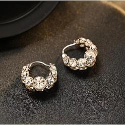 Платина Серьги-кольца из латуни и хрустальных страз, плоско-круглые, платина, 17x8 мм