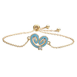 Небесно-голубой Регулируемые браслеты-слайдеры с прозрачным кубическим цирконием из латуни с микропаве, эмалевое украшение в форме сердца для женщин, золотые, голубой, 9.45 дюйм (24 см)