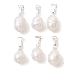 Серебро Подвески из натурального пресноводного жемчуга, Рисовые подвески с 304 защелкивающимися креплениями из нержавеющей стали, белые, серебряные, 13.5~15x8.5~9 мм, отверстие : 6x3 мм