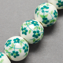 Sea Green Handmade Printed Porcelain Beads, Round, Sea Green, 6mm, Hole: 2mm