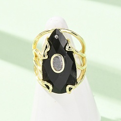 Obsidian Natural Obsidian Cuff Rings, Teardrop, Brass Pave Cubic Zirconia Cuff Open Rings, Faceted, Golden, 26.5mm, Inner Diameter: 18mm