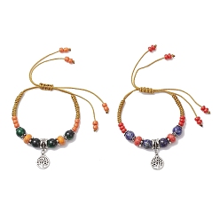 Смешанные камни 2шт. браслеты из сплава плоские круглые с подвесками в виде дерева жизни, синтетические и натуральные смешанные драгоценные камни и стеклянные бусины, плетеные браслеты, внутренний диаметр: 1-3/8~3 дюйм (3.4~7.55 см)