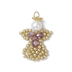 Темная Орхидея Подвески-ангелы из стеклянных бисеров, с круглой стеклянной жемчужиной и 304 соединительными кольцами из нержавеющей стали, темные орхидеи, 29x18.5x6 мм, отверстие : 3 мм