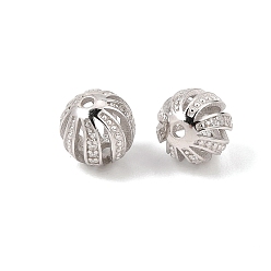 Real Platinum Plated Hollow 925 Sterling Silver Micro Pave Clear Cubic Zirconia Beads, Rack Plating, Long-Lasting Plated, Round, with 925 Stamp, Rhodium Plated, Real Platinum Plated, 7.5~8mm, Hole: 1.2mm