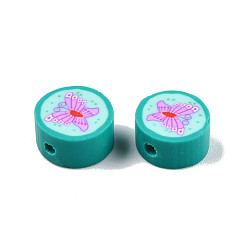 Dark Cyan Handmade Polymer Clay Beads, Flat Round with Butterfly, Dark Cyan, 9~9.5x4.5~5mm, Hole: 1.5~1.8mm