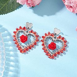 Малиновый Литые стеклянные серьги стержня, Сердце с розой, малиновый, 36.5x32 мм