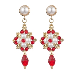 Красный Круглые серьги-гвоздики из стеклянного бисера и стеклянного жемчуга ручной работы, Ткацкий станок, китайское вязание, золотые, красные, 65x27 мм