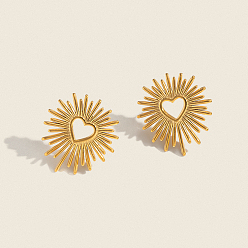 Настоящее золото 18K Полое сердце 304 серьги-гвоздики из нержавеющей стали, с синтетическими бирюзовый, реальный 18 k позолоченный, 19.6x17.8 мм