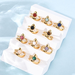 Настоящее золото 18K 304 регулируемые открытые манжеты из нержавеющей стали, Кольца из натуральных камней для женщин, ионное покрытие (ip), реальный 18 k позолоченный, 15.5 мм, внутренний диаметр: регулируемый