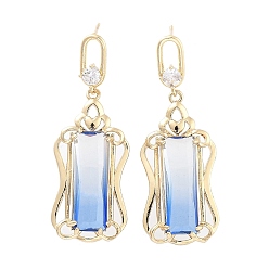 Light Gold Brass Micro Pave Cubic Zirconia Dangle Stud Earrings, Glass Rectangle Drop Earrings, Light Gold, 45x16mm