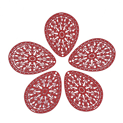 Красный 430 из нержавеющей стали филигранные подвески, окрашеные, гравированные металлические украшения, слеза, красные, 39x28x0.5 мм, отверстие : 1.5 мм