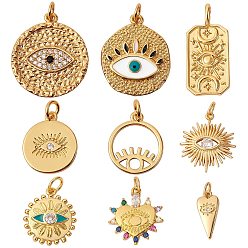 Golden 9Pcs 9 Style Brass Pendant Sets, with Cubic Zirconia, Enamel, Jump Rings, Mixed Shapes, Golden, 1pc/style