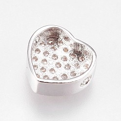 Platinum Brass Micro Pave Cubic Zirconia Beads, Heart, Clear, Platinum, 9x9.5x4mm, Hole: 1.2mm