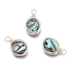 Silver Natural Abalone Shell/Paua Shell Pendants, with Eco-Friendly Copper Wire Wrapped, Oval, Silver, 19.5x11x3.5mm, Hole: 2.3mm