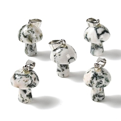 Tree Agate Natural Tree Agate Pendants, Mushroom Charms, with 304 Stainless Steel Snap on Bails, Stainless Steel Color, 24~25x16mm, Hole: 7.5x4mm