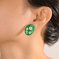 Зеленый Овальные серьги-клипсы из сплава с цветочным узором, золотые, зелёные, 25x19 мм