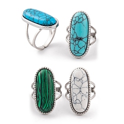 Нержавеющая Сталь Цвет Овальные 304 открытые манжеты из нержавеющей стали, женские кольца с синтетической бирюзой и малахитом, цвет нержавеющей стали, регулируемый