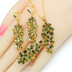 Светло-зеленый Коричневый Комплект из колье, серег и колец с кубическим цирконием в форме листа из латуни, золотые, оливковый, 450мм и 60мм и 18.1мм