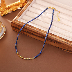 Lapis Lazuli Faceted Round Natural Lapis Lazuli and Brass Beaded Necklaces, Golden, 15.75 inch(40cm)