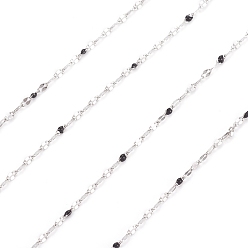 Black Handmade 304 Stainless Steel Dapped Chains, Cable Chains, with Enamel and Spool, Soldered, Flat Oval, Long-Lasting Plated, Black, 3x1.5x0.1~1mm, about 32.8 Feet(10m)/roll