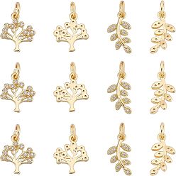 Golden 12Pcs 2 Style  Brass Micro Pave Clear Cubic Zirconia Pendant, with Jump Ring, Long-Lasting Plated, Tree & Leaf, Golden, 13~14x8~11x2mm, Hole: 3mm, 6pcs/style