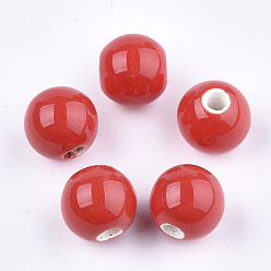 Красный Фарфоровые бусины ручной работы, яркие глазированный фарфор, круглые, красные, 8~8.5x7.5~8 мм, отверстие : 1.5~2 мм