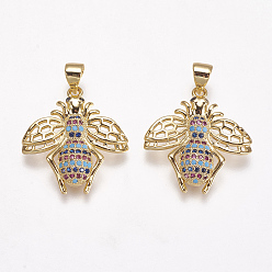Golden Brass Micro Pave Cubic Zirconia Pendants, Cadmium Free & Lead Free, Bees, Golden, 22x20.5x4mm, Hole: 3x4mm