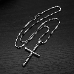 Stainless Steel Color Religion 304 Stainless Steel Floral Cross Pendant Necklaces, Tarnish Free, Stainless Steel Color, 23.62 inch(60cm)