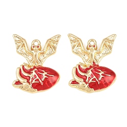 Oro Acumular colgantes de esmalte de la aleación de chapado, corazón con dijes de murciélago, sin cadmio y níque y plomo, dorado, 30x23x4 mm, agujero: 1.8 mm