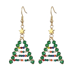 Golden Glass Beads Earrings, with  Brass Earring Hooks, Jewely for Women, Christmas Trees, Golden, 56~57x25mm