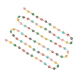 Colorful 304 Stainless Steel Link Chains, with Enamel, Soldered, Flat Round with Evil Eye, Colorful, 11x6x3mm, 1m/box
