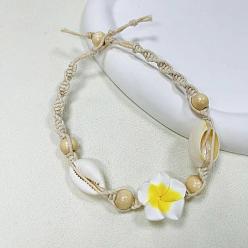 Белый Плюмерия цветок полимерная глина бусины плетеные браслеты из бусин для женщин, с регулируемым вощеным шнуром и натуральной оболочкой, белые, 11 дюйм (28 см)